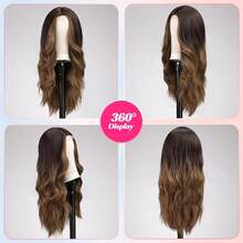 Peluca ondulada larga ombre marrón para mujeres, pelucas de encaje frontal de aspecto natural, peluca rizada de 66 con raya en medio - Marrón mixto - Ver 3