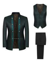 Men's Wedding Suit Three-Piece Suit, High-End New Chinese Style Dark Flower Pattern, Exquisite Metal Buckle Chain Closure Formal Suit, Suitable For Weddings, Parties, Any Formal Occasions - màu xanh lá - Xem 5