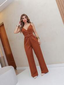 ELEGANT LONG TAILORED OVERALLS WITH BELT FOR WOMEN/DD091 - màu nâu - Xem 2