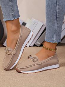 Women's Lychee Pattern Embossed Metal Chain Decor Round Toe Soft Bottom Athletic Sneakers Suitable For Outdoor Sports And Daily Driving, All Season, Black Casual Flat Sports Shoes - Khaki - View 5