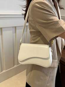 1pc Minimalist Solid Color Flap Shoulder Bag, Classic Textured Crossbody Bag, Women Handbag - White - View 2