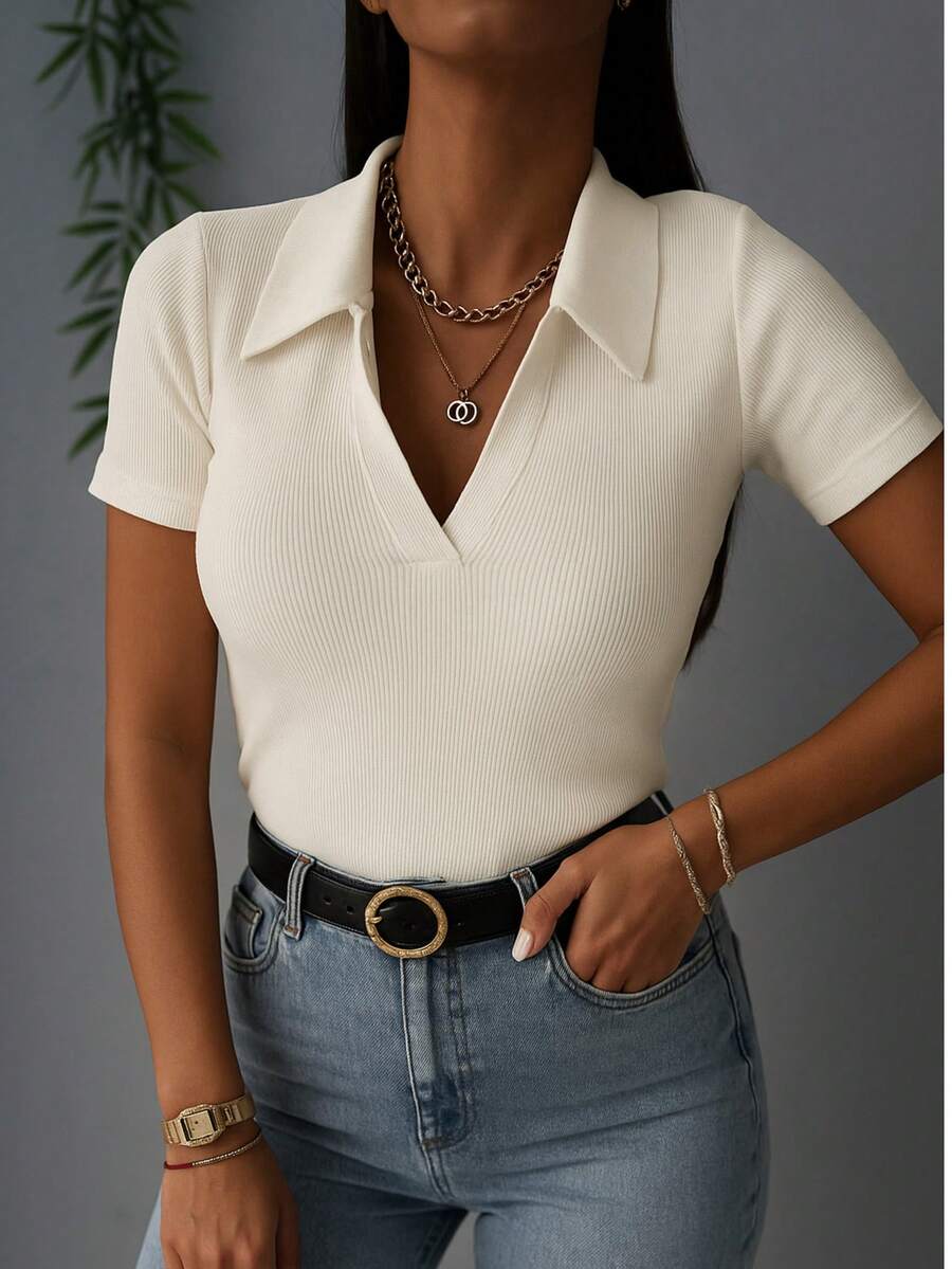 Women's Polo Shirt Short Sleeve Cotton Simple Casual Knitted Daily - 離開 - 查看 1