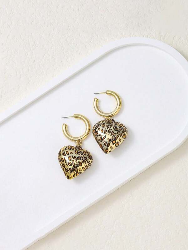 1 par de pendientes de gota con estampado de leopardo en forma de corazón de estilo vintage, pendientes exagerados de moda para mujer, aptos para uso en fiestas