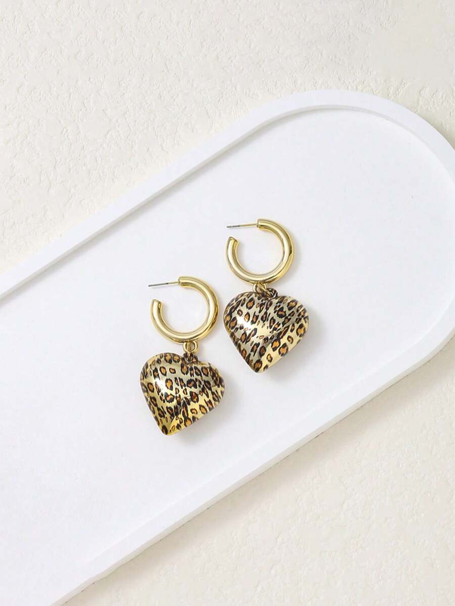 1 对复古风格豹纹心形吊坠耳环，时尚夸张的女士耳环，适合派对佩戴