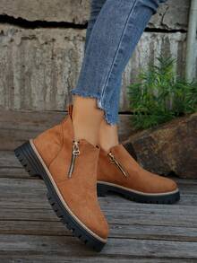 女士踝靴、女鞋、冬靴、女士平底鞋、新款女士踝靴、拉链靴 - 棕色 - 查看 6