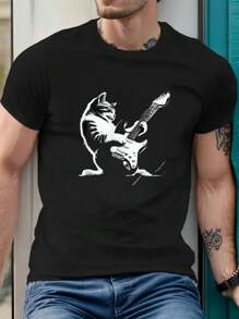 Maglietta con gatto che suona la chitarra (musica rock), maglietta da uomo girocollo, 220 g/m², per l'estate, in puro cotone, maniche corte (1 pezzo)