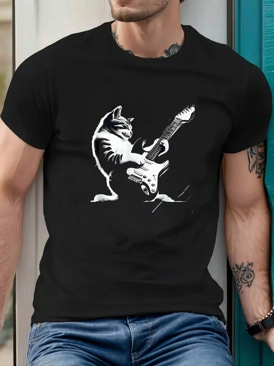 Maglietta con gatto che suona la chitarra (musica rock), maglietta da uomo girocollo, 220 g/m², per l'estate, in puro cotone, maniche corte (1 pezzo)