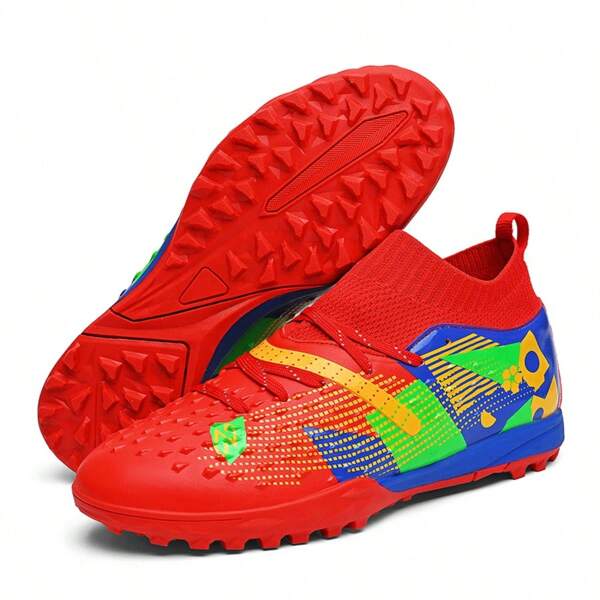 1 par de zapatos de fútbol de caña alta para mujer, zapatos deportivos de fútbol, zapatos deportivos para exteriores, tacos de fútbol, estilo deportivo, antideslizantes y resistentes al desgaste, con parte superior de PU, colores elegantes, suela exterior de TPU, para uso profesional en partidos, adecuado para campos de barro y de hierba corta