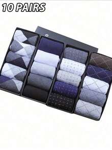 10 Pairs Assorted Men's Socks, Polyester Knitted Fabric With Geometric Pattern, Business & Casual Mid-Calf Socks With Polka Dot Design, Random Color (Without Gift Box) - Multicolor - View 3