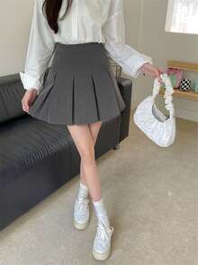 女士休闲纯色褶皱 A 字裙，可爱日常家居裙