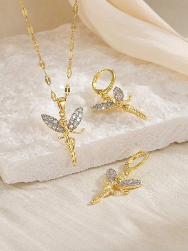 1pc Dual-Tone Rhinestone Angel Stainless Steel Women's Luxurious Necklace, 1 Pair Dual-Tone Rhinestone Angel Women's Luxurious Earrings