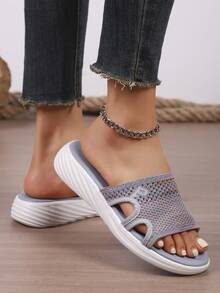 Women's New Wedge Thick Platform Color Block Patchwork Hollow Out Rhinestone Decor Bohemian Fabric Comfortable Outdoor Office Vacation Sandals, Spring/Summer - Dusty Blue - View 3