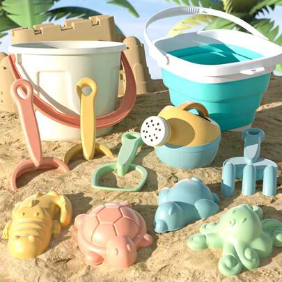 1/2/3/5/6/10/11pcs/Set Kids Beach Toys, Foldable Bucket, Shovel, Sand Rake, Water Pot, Animal Mold, Beach Bucket, Seaside Beach Pool Water Play Sand Toys, Parent-Child Interaction, Boys Girls Holiday Birthday Party Gift (Accessory Color Random)