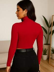 cropped manga longa gola alta suplex de inverno feminino basico casual - Vermelho - Visão 3