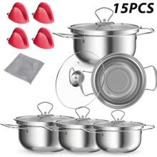 15-Piece Stainless Steel Induction Cookware Set With Visual Lid, Stock Pot, Dishwasher Safe Pot, Scale, Glass Lid For Soups, Pasta, Stews, Boiling And Simmering Deep Cookware Kitchen Utensils Outdoor General Holiday Gifts
