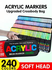 Guangna 1 Set de 240 Colores Nuevos Bolsa de Almacenamiento Estilo Marcadores de Pintura Acrílica de Fieltro, Colores Ricos, Páginas de Colorear Claras, Almacenamiento Clasificado, Claro de un Vistazo, Bolsa de Almacenamiento de PU + Material de Tela Oxford Gruesa y Elástica, Se Puede Llevar en un Hombro y Ambos Hombros, Adecuado para Pintar, Útiles Escolares, Vuelta al Colegio
