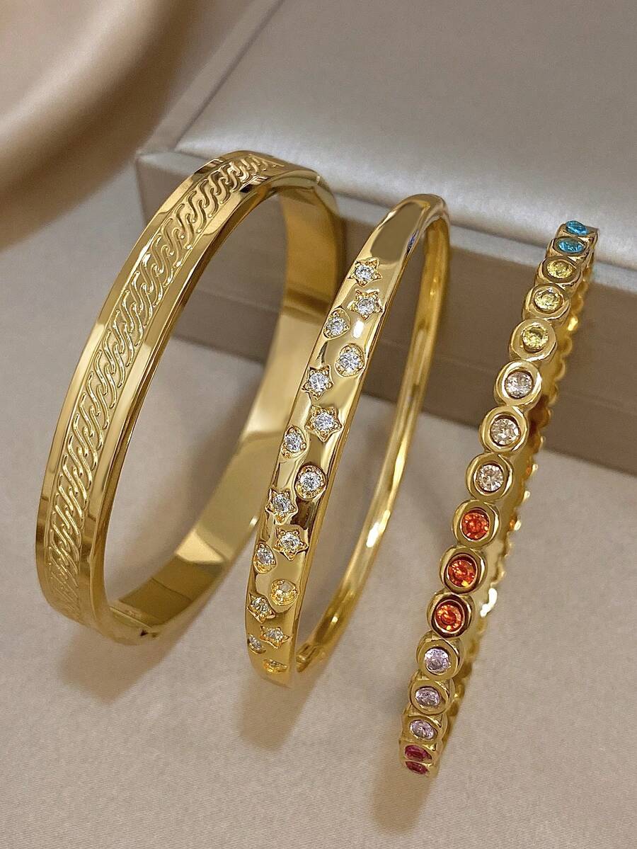 18K 镀金不锈钢心形和星形锆石手镯套装,女士适用 - 奢华几何雕刻和宝石袖口手镯、妈妈礼物、教师礼物、波西米亚风夏季海滩旅行必备品、狂欢/舞会/派对/日常配饰、返校礼物、生日礼物、伴娘礼物 - 彩色 - 查看 1