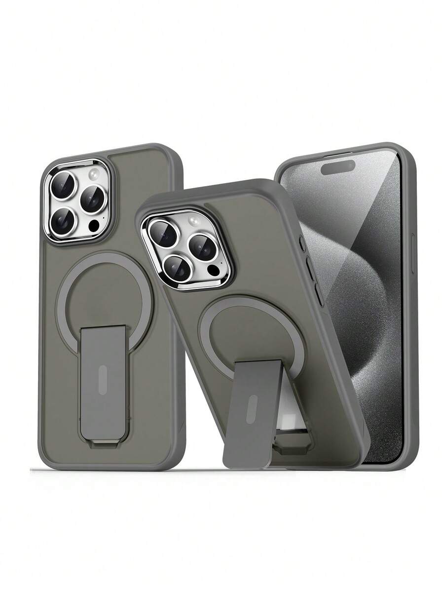 奢华哑光半透明磁性无线充电手机壳带支架，兼容 16 15 14 13 12 11 Pro Max Plus，金属相机边框，防震软保险杠硬后盖，防水防摔防刮 - 灰色 - 查看 1