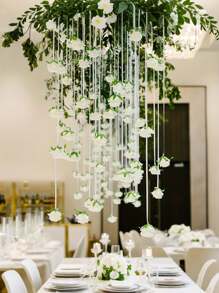 21pcs/42pcs White Rose Waterfall Set With 20 Fake Roses And 1 Roll Of Clear Rope For Wedding Party Decoration Bridal Shower Birthday Room Decoration Supplies, Restaurant Party Roof Decoration