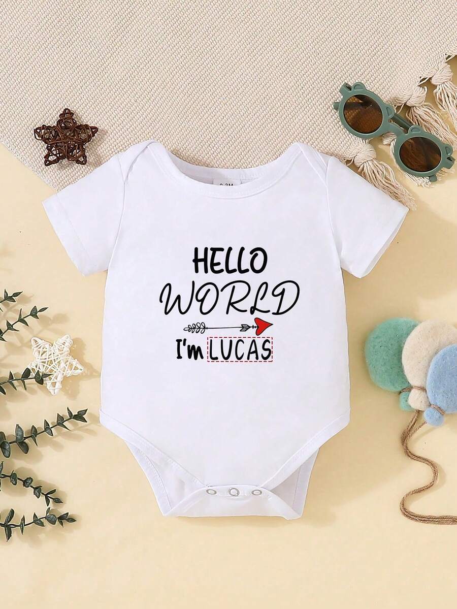 [Custom] Personalized Name Customized Unisex Baby Short Sleeve Bodysuit, Cute Casual Bodysuit - White Round Neck Style, Comfortable And Breathable - White - View 1