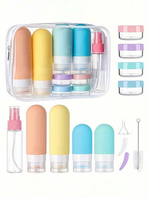 Set de 17 piezas de botellas de viaje de silicona: envases rellenables a prueba de fugas para champú, loción y cosméticos, que incluye bolsa de almacenamiento portátil y llavero con minirrociador, ideal para viajes, cruceros, regalos de Pascua y Ramadán (Artículos de viaje) Regreso a clases