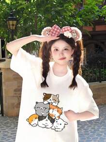 Women Short Sleeve Crew Neck Cat Print Loose Casual T-Shirt Top, White, Summer