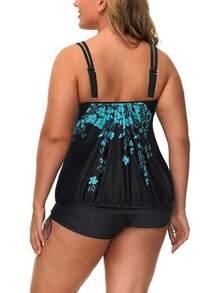 Womens Plus Size Striped Printed Strappy Tankini Top With Shorts Two Pieces Swimsuit - Cyan Floral - View 3