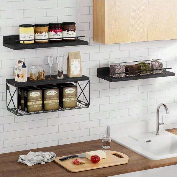 Country Style Bathroom Storage Rack With Metal Basket, Wall-Mounted Floating Shelves For Home Wall Decor, Bathroom, Kitchen, Living Room