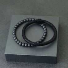 Fashion Men Bracelet Set 2pcs Leather Lucky Black Thread Bracelet Matte Onyx Stone Bracelet Accessories Gifts For Him