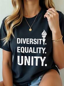 Womens 180g Black Cotton Crew Neck Short Sleeve Graphic T-Shirt Diversity Equality Unity Print Celebrate Diversity Tee Summer Fashion Statement Casual Top Halloween Thanksgiving Plus Size Women