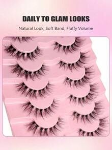 7 Pairs Natural Messy Cat Eye False Eyelashes, Transparent Band, Cat Eye Makeup Effect, Thin & Long, Extended Outer Corner, Soft & Natural Looking False Lashes - 交叉睫毛 - 查看 3