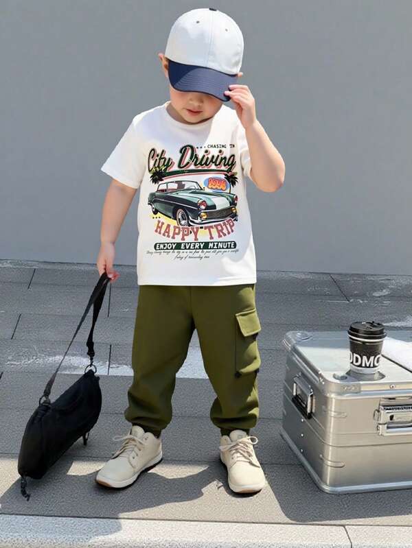 2-PCS Boys Casual T-Shirt Set Racing Print Round-Neck T-Shirt Matching Elastic Waist Cargo Joggers With PocketsPerfect For Streetwear, Park Outings, And School Style. Ldeal For Everyday Wear For Boys Aged 2-7