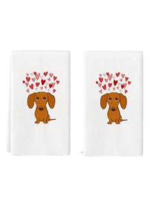2 Khăn lau bếp ngày Valentine họa tiết chó, quà tặng gia đình ấm áp, khăn tắm cá nhân hóa với hình ảnh rất nhiều chó Dachshund (chất liệu microfiber) - trắng - Xem 4