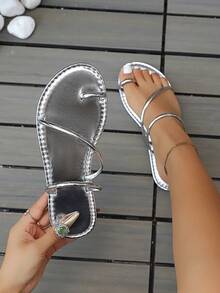 Sandali piatti infradito da donna, dorate piatte, sandali romani infradito estivi da indossare all'aperto, con punta aperta, argento/nero/oro, ciabatte casual da spiaggia, leggeri e intrecciati - Argento - Visualizzare 4