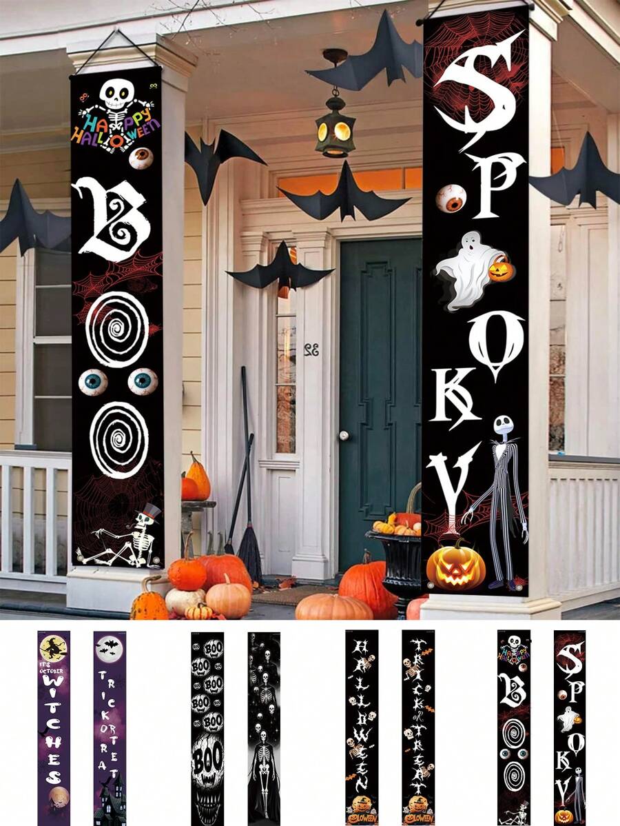 1pair Halloween Decorations Outdoor Ghost Decor - Halloween Boo Spooky Porch Sign Banner Decor For Front Door Outside Yard Garden Party Supplies