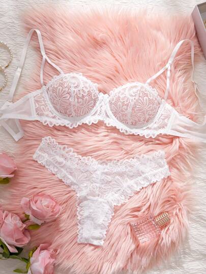 Nuevo conjunto de lencería sexy para mujer, sujetador y pantis de encaje floral blanco de 2 piezas, tanga cómodo y sexy, ambiente íntimo de pareja, sujetador ultradelgado para primavera/verano