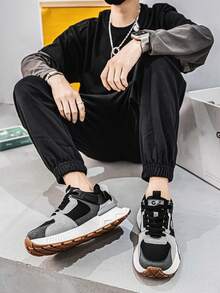 男士时尚厚底撞色厚底运动鞋，透气舒适运动鞋，系带户外跑步鞋 - 黑色 - 查看 5
