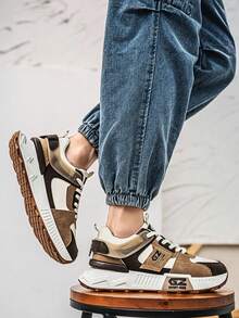 Giày thể thao đế dày Colorblock cho nam, Giày thể thao nam thời trang thoáng khí thoải mái, Giày chạy bộ buộc dây tăng chiều cao cho nam, Giày ngoài trời - Màu Khaki - Xem 5