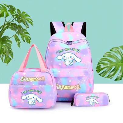 Sanrio 1 Stück/3 Stücke Set süßer Cartoon Rucksack, großer Kapazität Rucksack, einfache Handtasche, Federmäppchen, lässige Umhängetasche, leichter Studentenrucksack Set mit Enten- und Hasen-Anhänger, Segeltuch Material, Aufdruck, Reißverschluss Verschluss, Schulsachen, Schulbedarf, Stationery Zubehör, Sprayground Rucksack