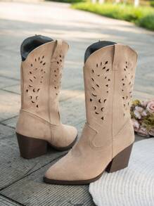 Damen bestickte Knöchel-Stiefel, neue Chunky Heel Retro Cowboy Stiefel für Frühling/Herbst, in Khaki Farbe, perforiert und atmungsaktiv, vielseitig einsetzbar