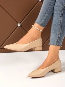 Women Plain Color Block Heeled Pumps, Elegant Basic Business Formal Office Wedding Shoes, Spring/Summer/Autumn - Beige - View 2