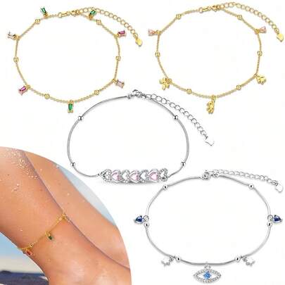 1 件时尚女士心形和蝴蝶结锆石装饰脚链，适合日常佩戴、节日、周年纪念、精美珠宝礼物