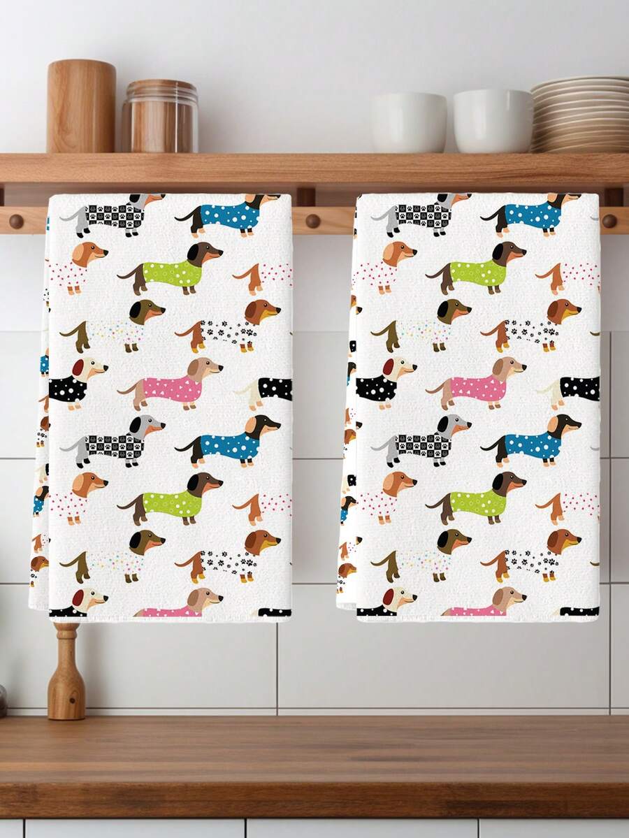 2pcs Dachshund Decor Gift Set, Wiener Dog Pattern Kitchen Towel And Dishcloth, Farmhouse Style Kitchen Rag, Dish Towel, Tea Towel, Kitchen Drying Cloth, Suitable For Kitchen, Dining Room, Dining Table - Multicolor - View 1