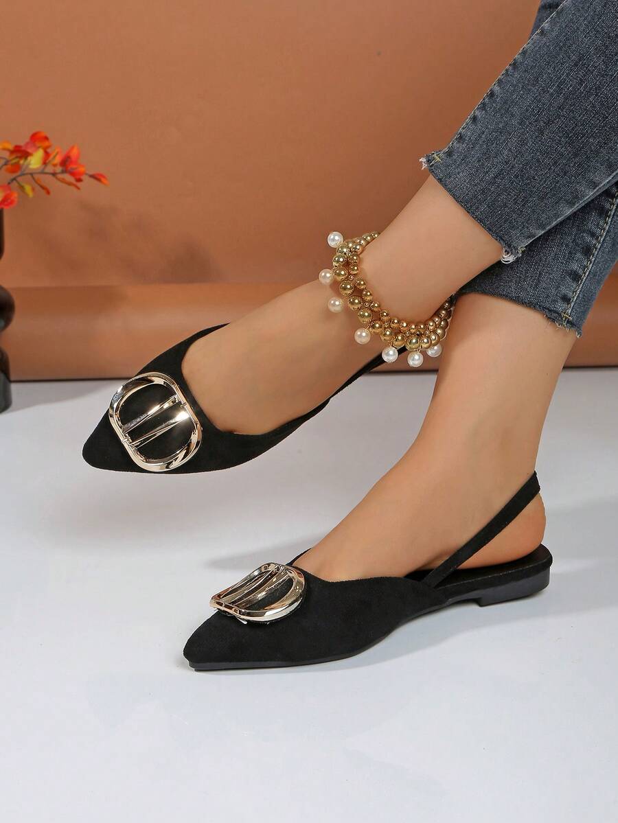 Women's Black Pointy Toe Low Heel Flat Slip-On Shoes, Elegant Sparkling Flat Casual Shoes For Party, Wedding, Office, Indoor & Outdoor, Spring/Summer/Autumn - Black - View 1