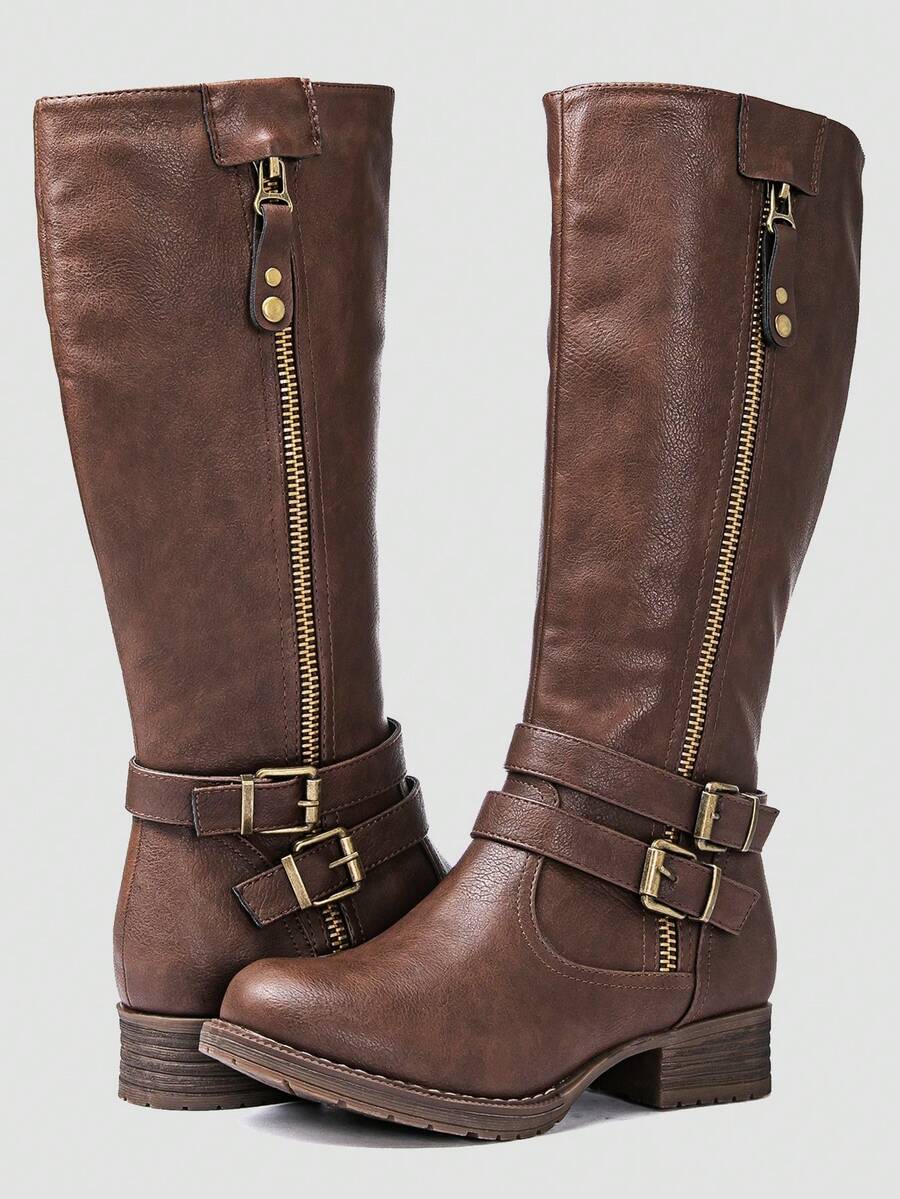 GLOBALWIN Women's Knee High Boots Fashion Comfortable Riding Boots For Women Low Heel Holiday Season Fall Winter Boots - Brown - View 1