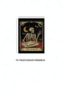 1 pieza Impresión de arte de pared de lector de tarot gótico, Halloween esqueleto amante de los libros, póster de bruja de biblioteca con símbolos sagrados, decoración sin marco de academia oscura para dormitorio espeluznante/rincón de lectura, regalo místico y decoración de fiesta (Impresiones de pared ocultas de vuelta al colegio)