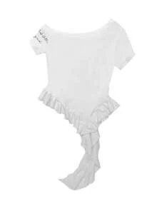 女士露肩系带袖修身短款上衣，夏季休闲白色 - 白色 - 查看 2