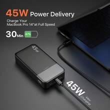 JUOVI 移动电源，便携式充电器，20000mAh 45W PD3.0 QC 4.0 快速充电电池组，带 LED 显示屏，2 个 USB-C 接口，2 个 USB-A 接口，适用于 Apple Phone 15，蓝色、绿色，适用于 Apple Phone、iPad、Android 手机，是送给家人、朋友、儿童、生日、圣诞节、冬季的礼物。适用于户外玩耍、购物、旅行、便携式电源。安全稳定的聚合物锂电池（黑色）。适用于暑假户外旅行/露营和应急备用移动电源，是送给家人、朋友、生日的礼物，电量显示 - 黑色 - 查看 2