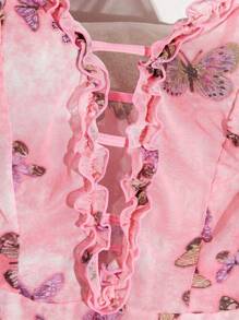 2pcs/Set Women Sexy Lingerie Set, Mesh Butterfly Print Nightgown, Wireless Bra With Ruffle Hem Design, Spaghetti Strap Chemise With Sexy Thong