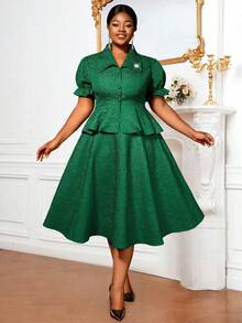 绿色提花两件套翻领纽扣荷叶边遮肚套装 A 字裙加大码女装
